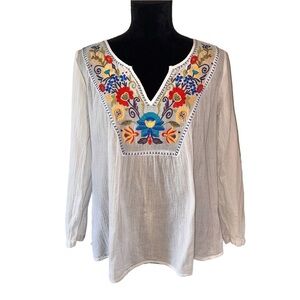 Merona Size Small Crinkle Texture Boho Print Trim Blouse Long Sleeves